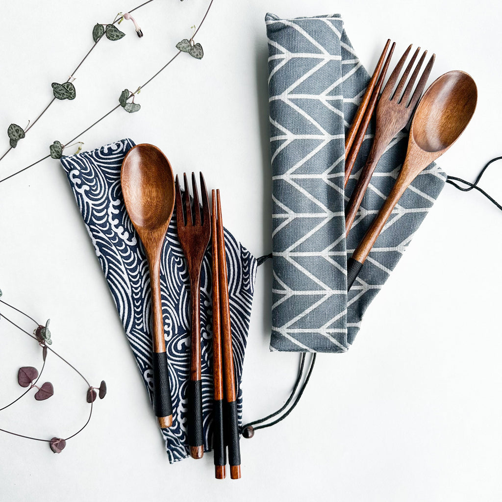 Reusable Handmade Natural Wood Cutlery Set - Plastic Free